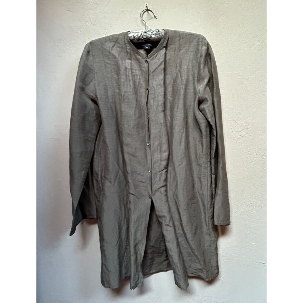 Eileen Fisher Womens Linen Silk Mandarin Collar Jacket Small Olive Lightweight